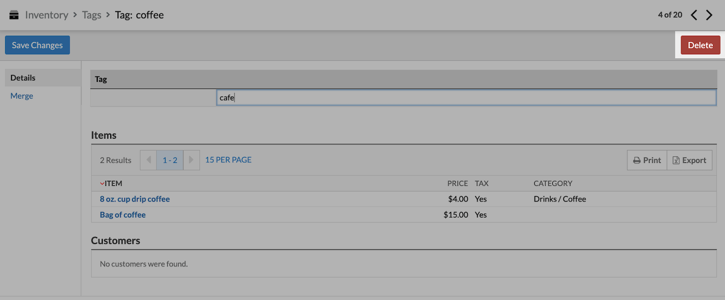 Tag-pagina met Verwijderen uitgelicht.