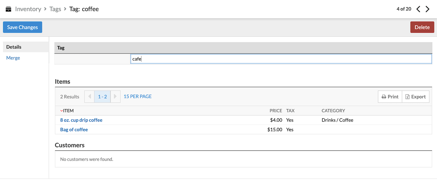 Pagina van een individuele tag met de naam van de tag gewijzigd en de knop Wijzigingen opslaan weergegeven.