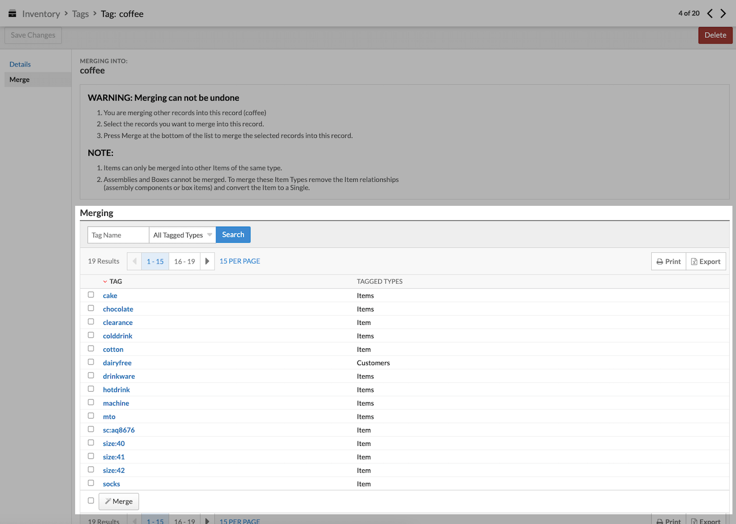 Pagina Samenvoegen met de lijst met samenvoegopties uitgelicht en de knop Samenvoegen weergegeven.