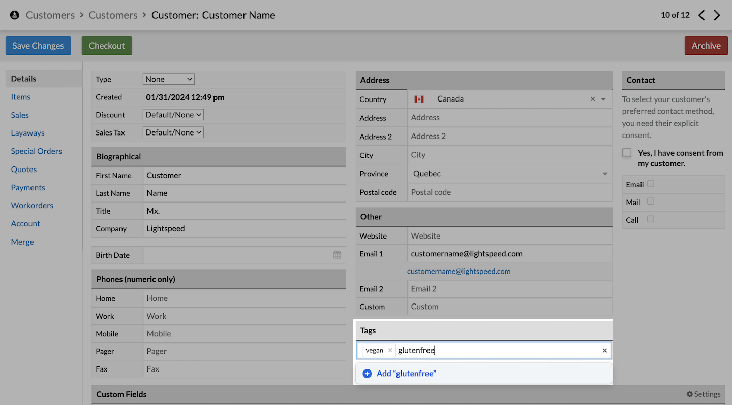 Page du client, la section Balises est mise en évidence et l’option d’ajout d’une nouvelle balise est visible.