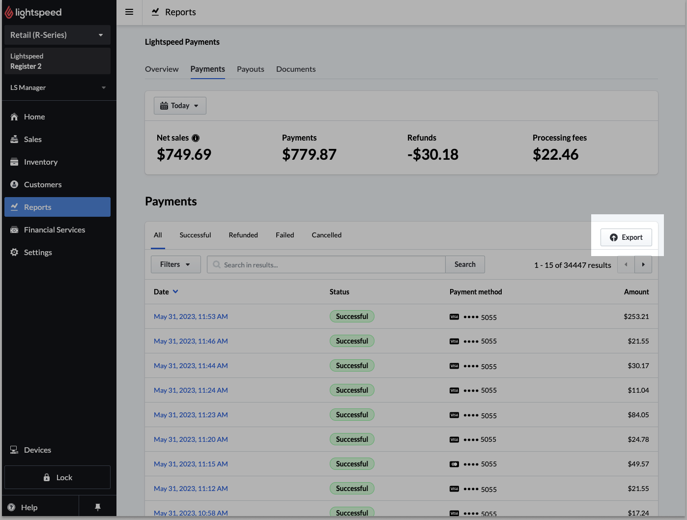 Exporting the payments report saves a CSV file of your data on to your local device.