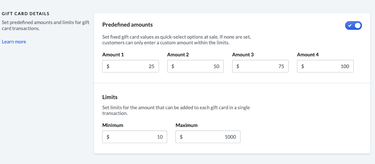 Gift card settings page with fields to enter amounts.