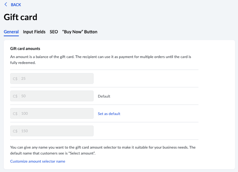 Cadeaubonpagina in eCom met de knop "Set default amount" (Standaardbedrag instellen) naast een bedrag.