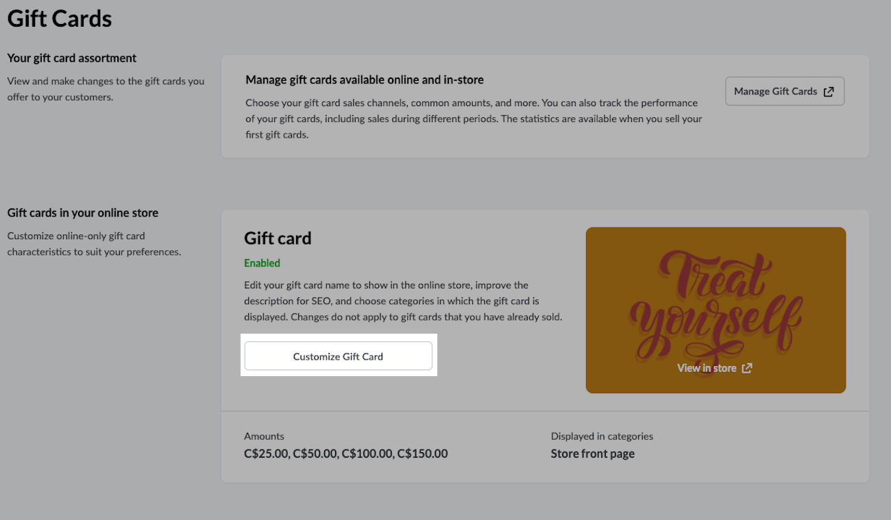 Cadeaubonpagina in eCom met de knop "Customize Gift Card" (Cadeaubon aanpassen) gemarkeerd.