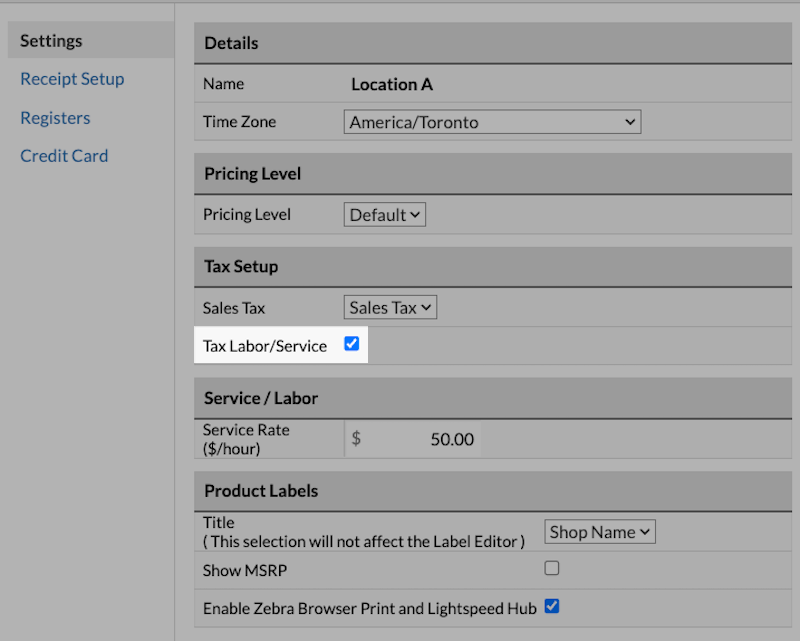 Location settings page with the tax labor/service checkbox enabled.