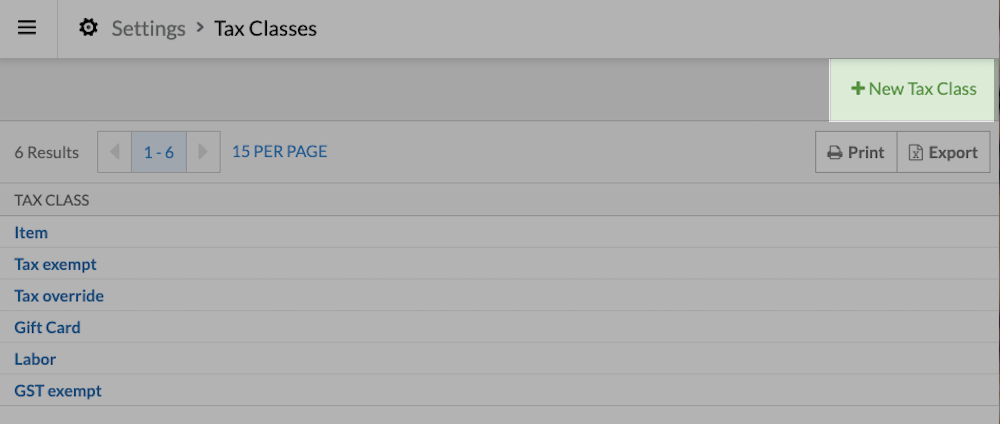 Tax class page with add new tax class button highlighted.