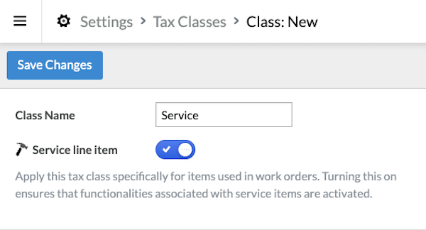 New tax class page with a field to enter a name and the option to toggle on service line item option.