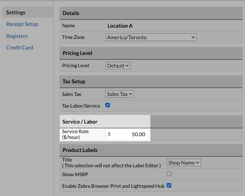 Location settings page with field to enter a default service rate per hour.