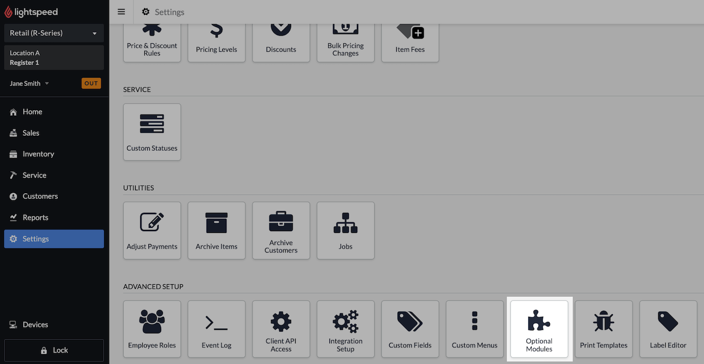 Settings page with optional modules highlighted.