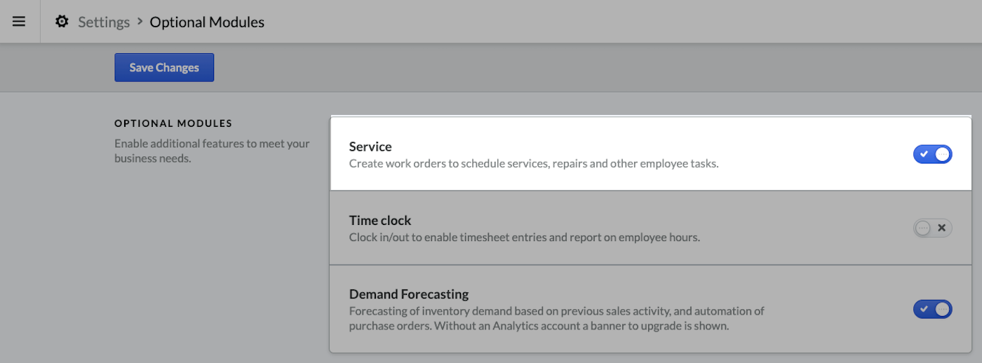 Toggle beside service module switched on.