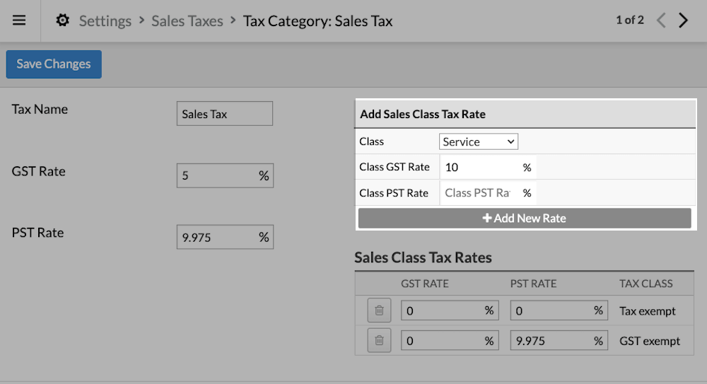 Add new tax rate section of sales taxes page.