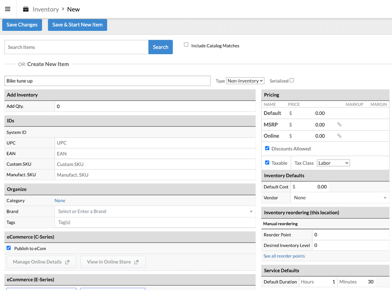 New item page with non inventory type, labor tax class, and service defaults fields filled out.