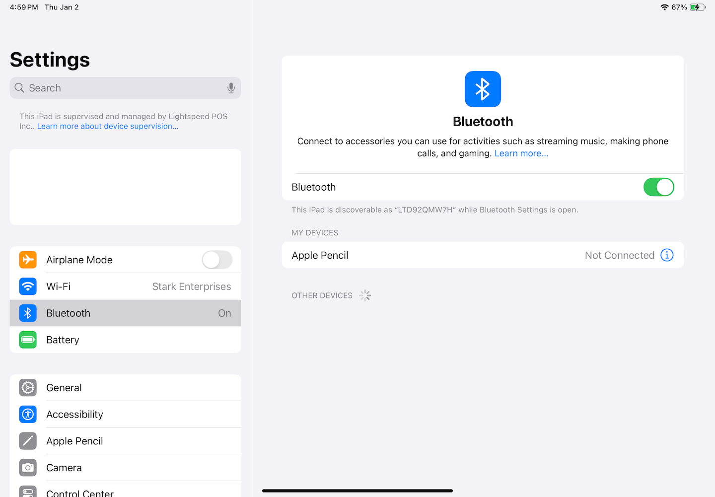 Bluetooth page under Settings on iPad.