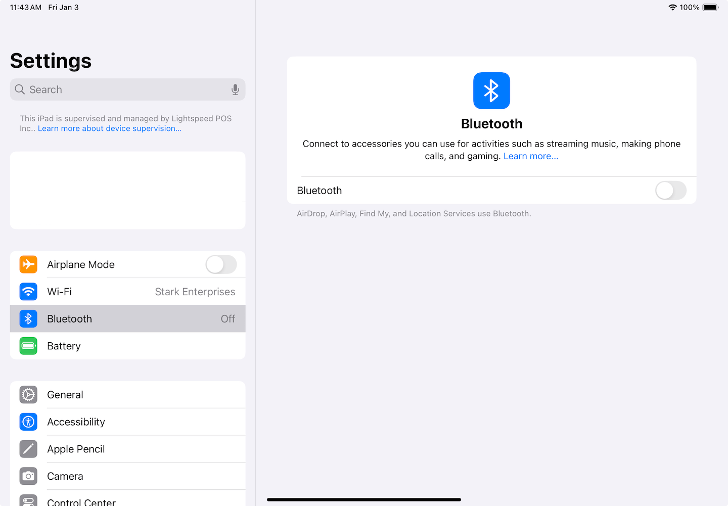 Bluetooth page with Bluetooth toggle turned off.