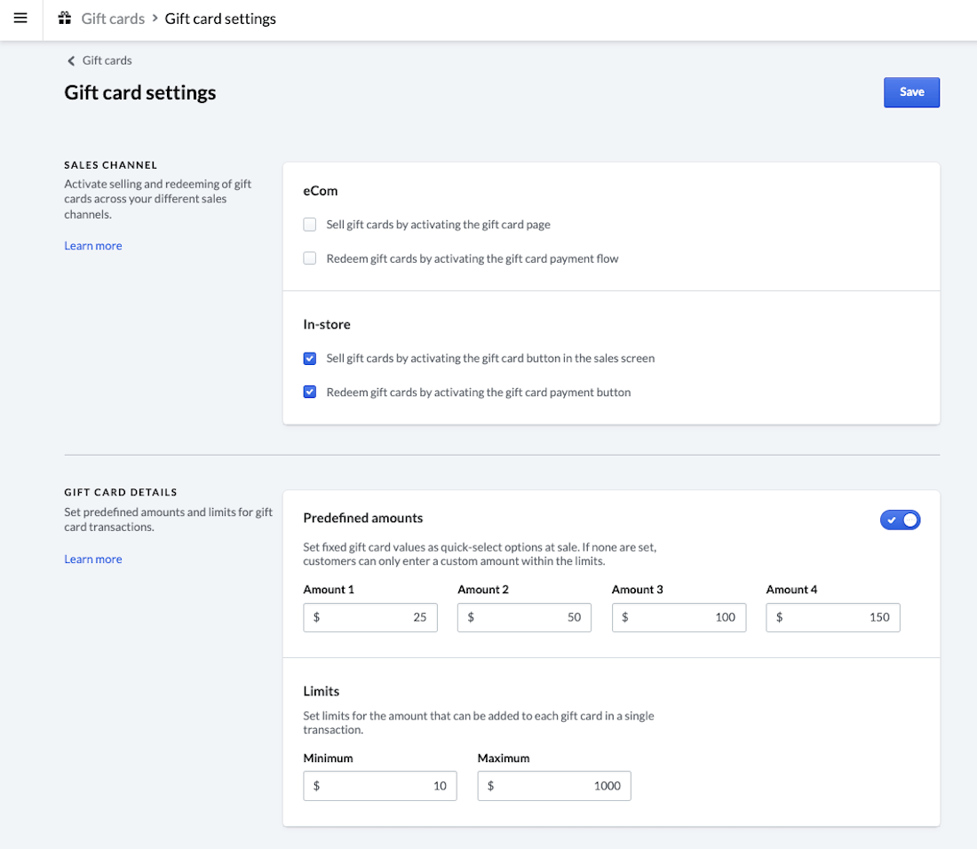 Page des paramètres des cartes-cadeaux avec les options de configuration des montants prédéfinis et des montants personnalisés minimums et maximums.