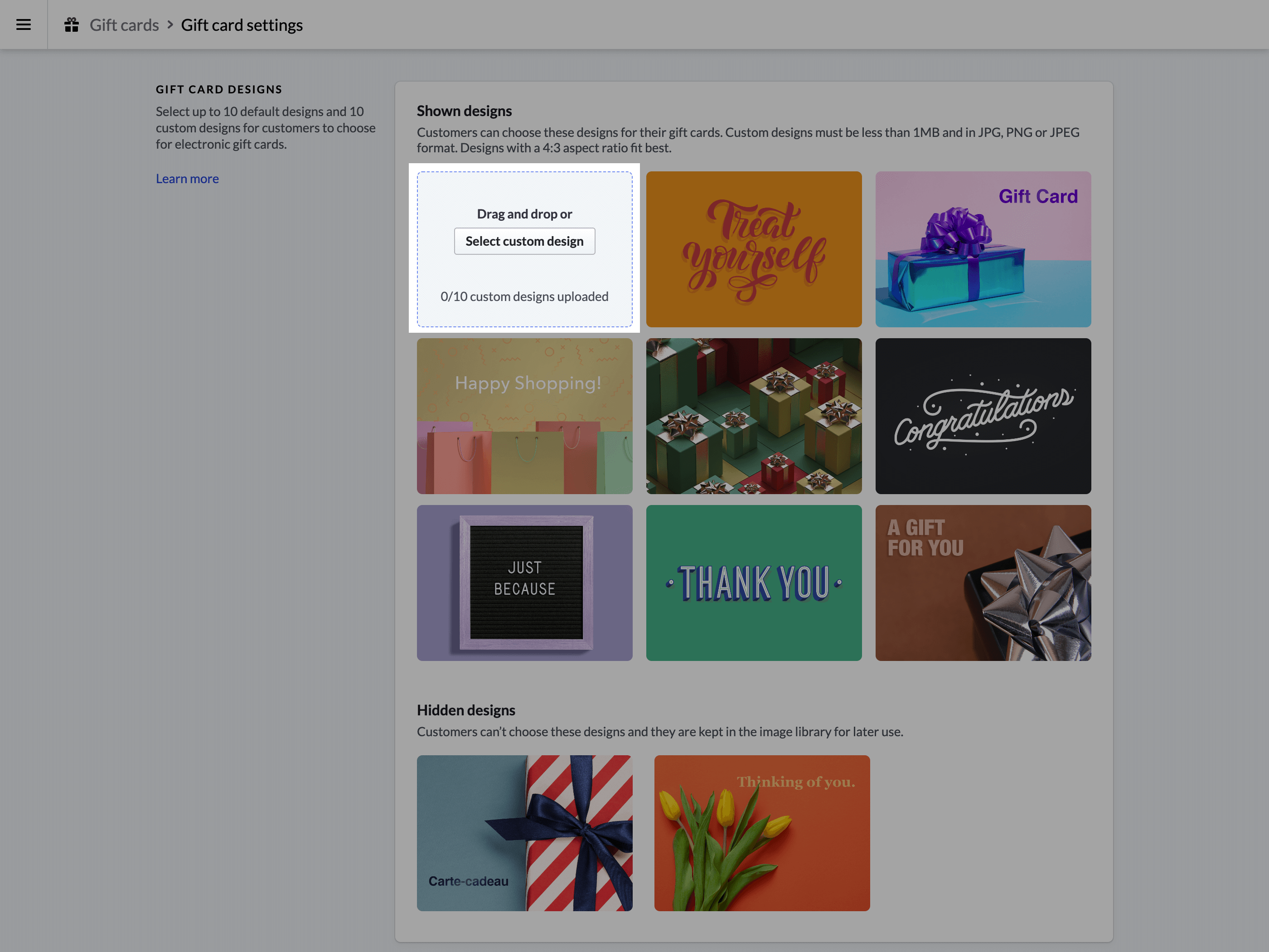 Section Designs de carte-cadeau avec l’option permettant d’ajouter des images personnalisées en surbrillance.