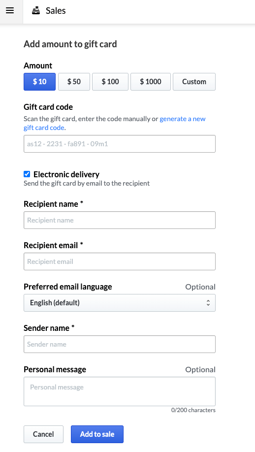 Verkoopscherm cadeaubonnen met velden om gepersonaliseerde informatie in te vullen.