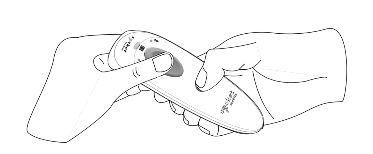 Illustration du lecteur Socket Mobile S700/D700, une main appuie sur le bouton de numérisation et une autre main sur le bouton de mise en marche.