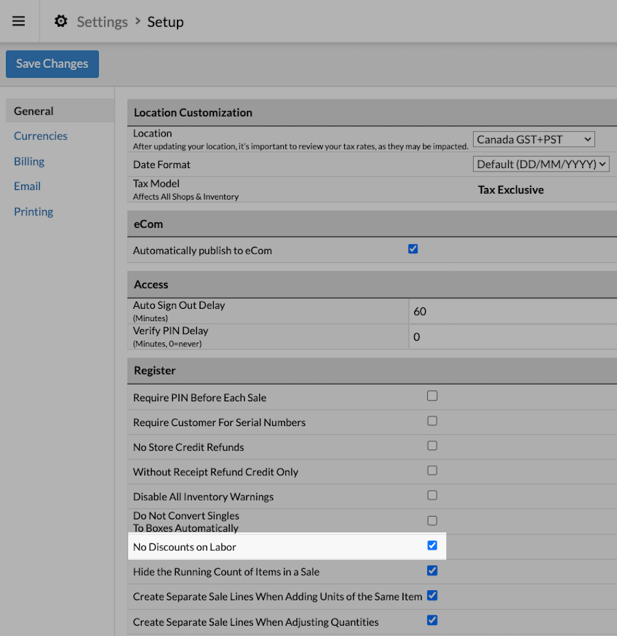 Page Options générales, la case Aucune réduction sur la main-d’œuvre est cochée.