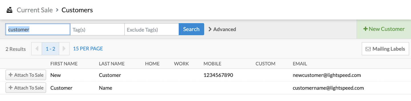 Multiple customer results with option to Attach To Sale.