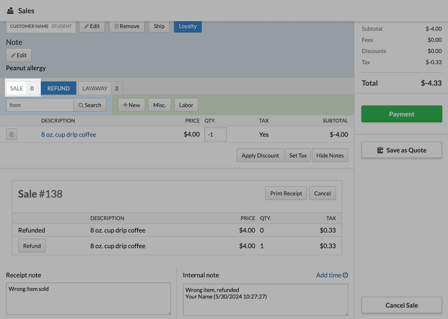 Refund page with Sale tab emphasized.