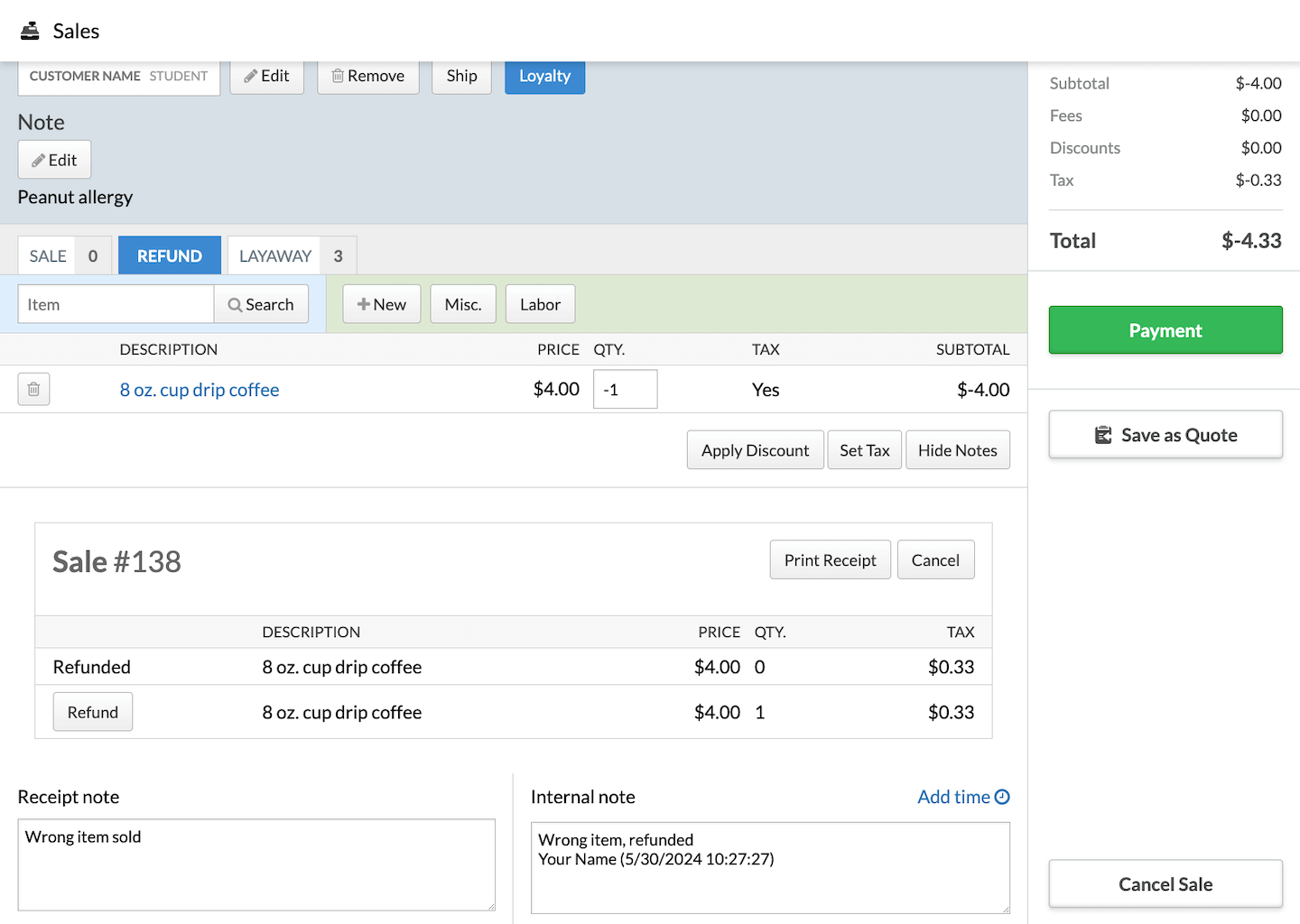 Refund tab with notes left regarding the return.