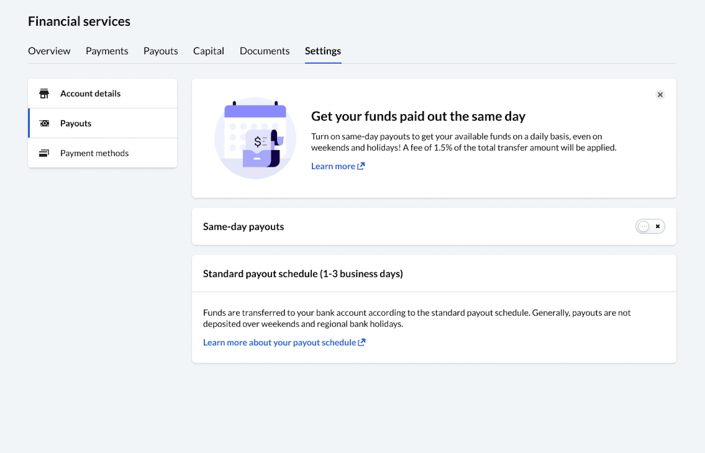 Financial services settings page, showing the Same-day payouts prompt.