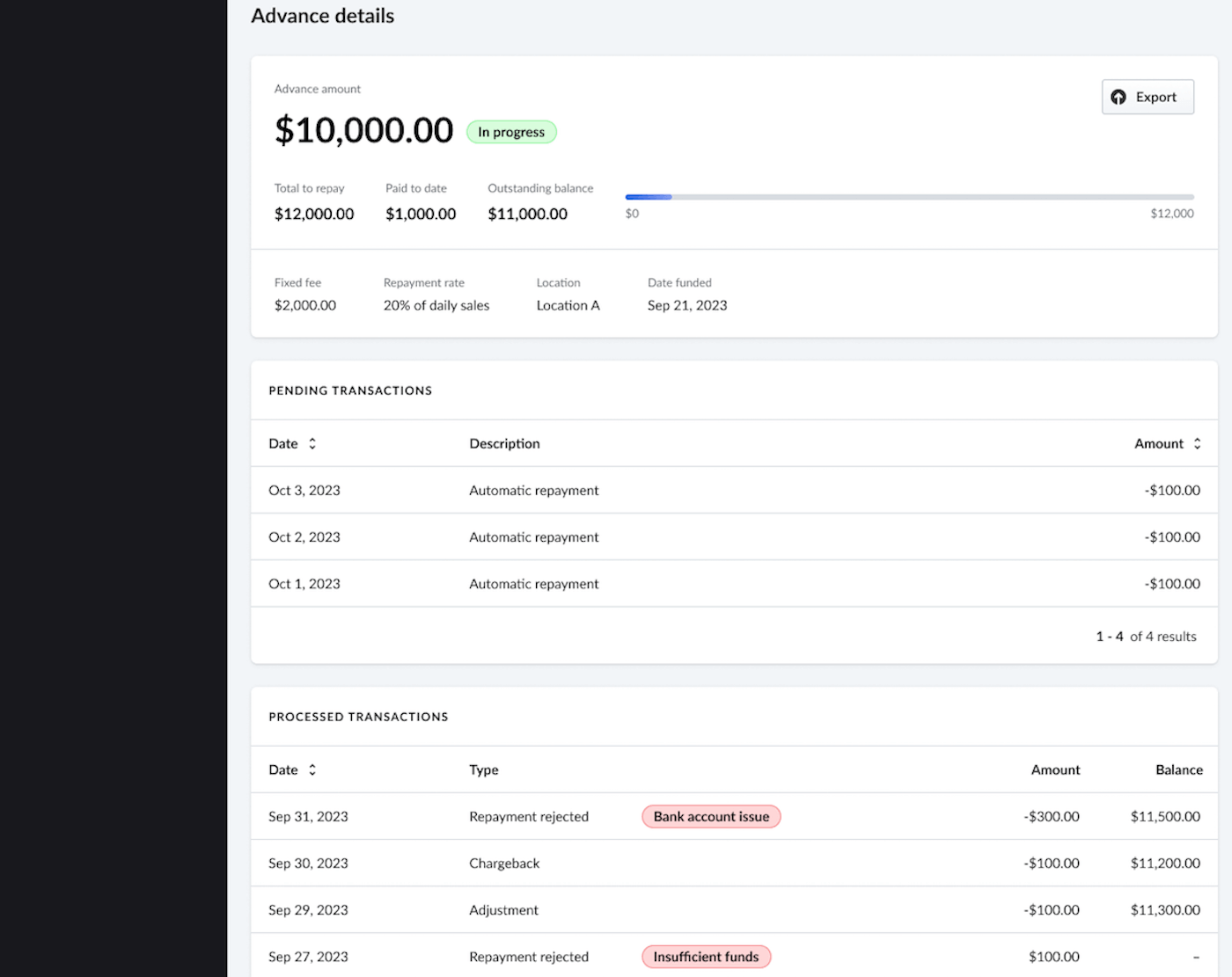 Specific advance showing payment progress bar.