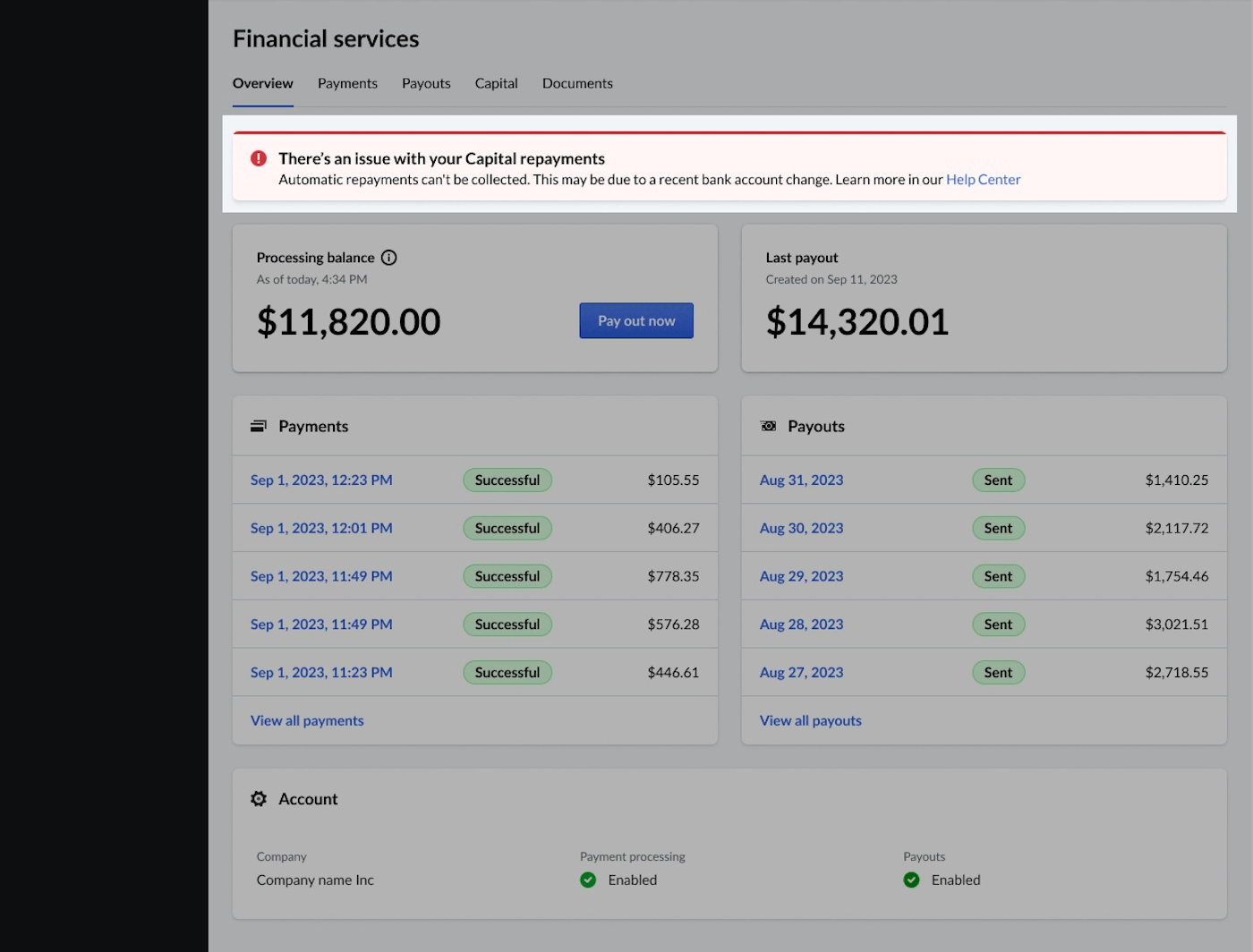 L’image montre l’onglet Aperçu de la section Gestion financière dans Lightspeed POS. Une bannière rouge est mise en évidence et affiche le message Un problème est survenu avec vos remboursements Capital Lightspeed.