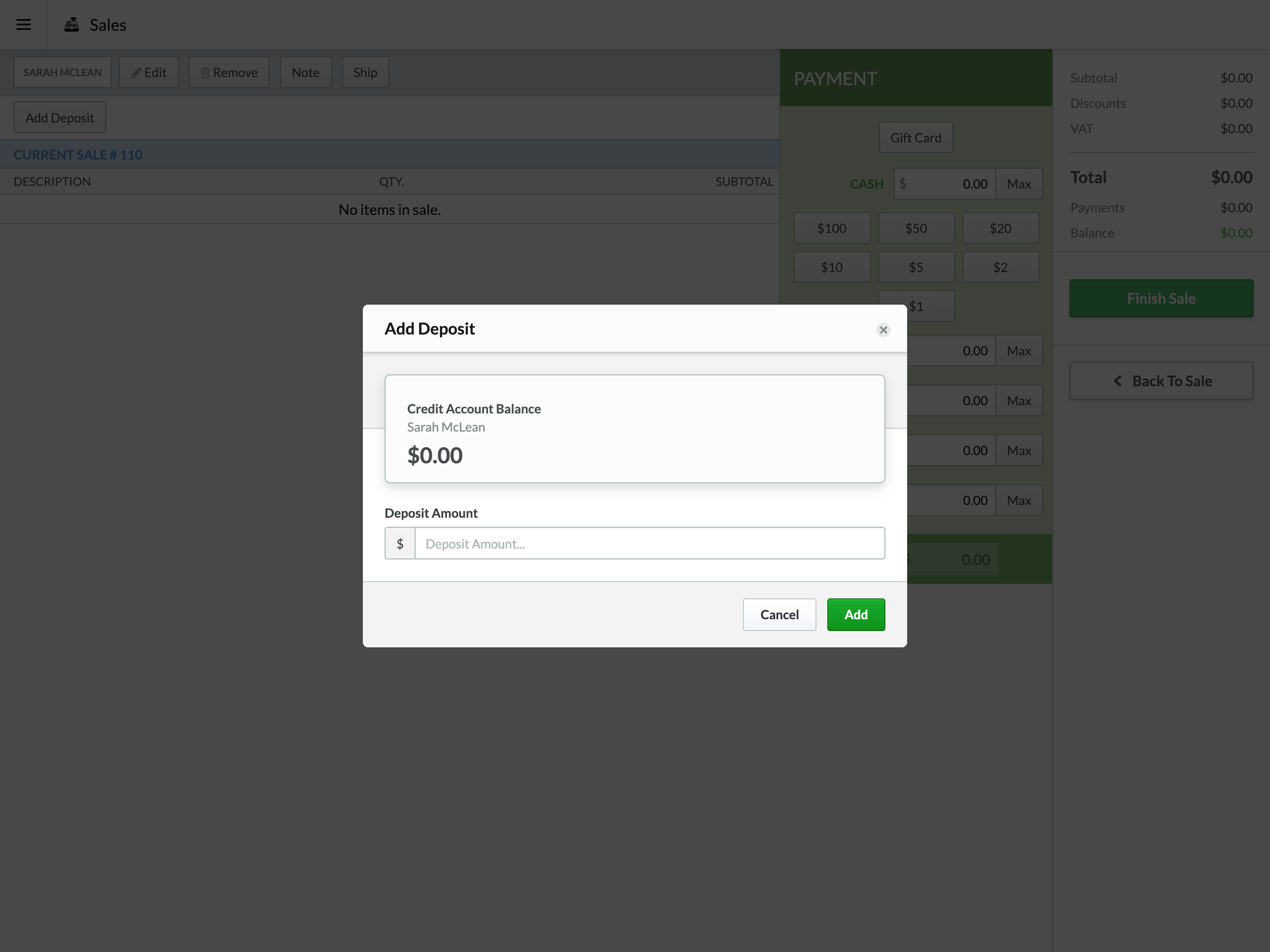 Add Deposit details with fields for 'Credit Account Balance' and 'Deposit Amount'.