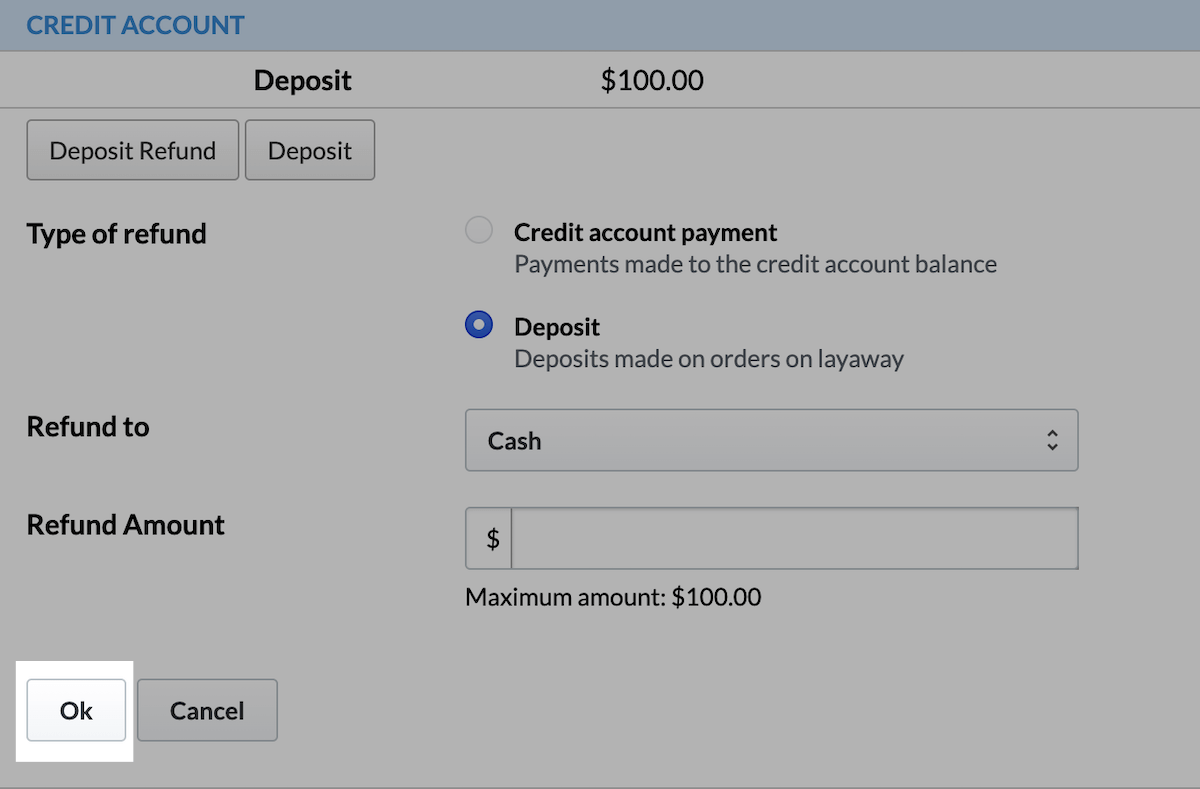 Deposit Refund details with Ok button highlighted.