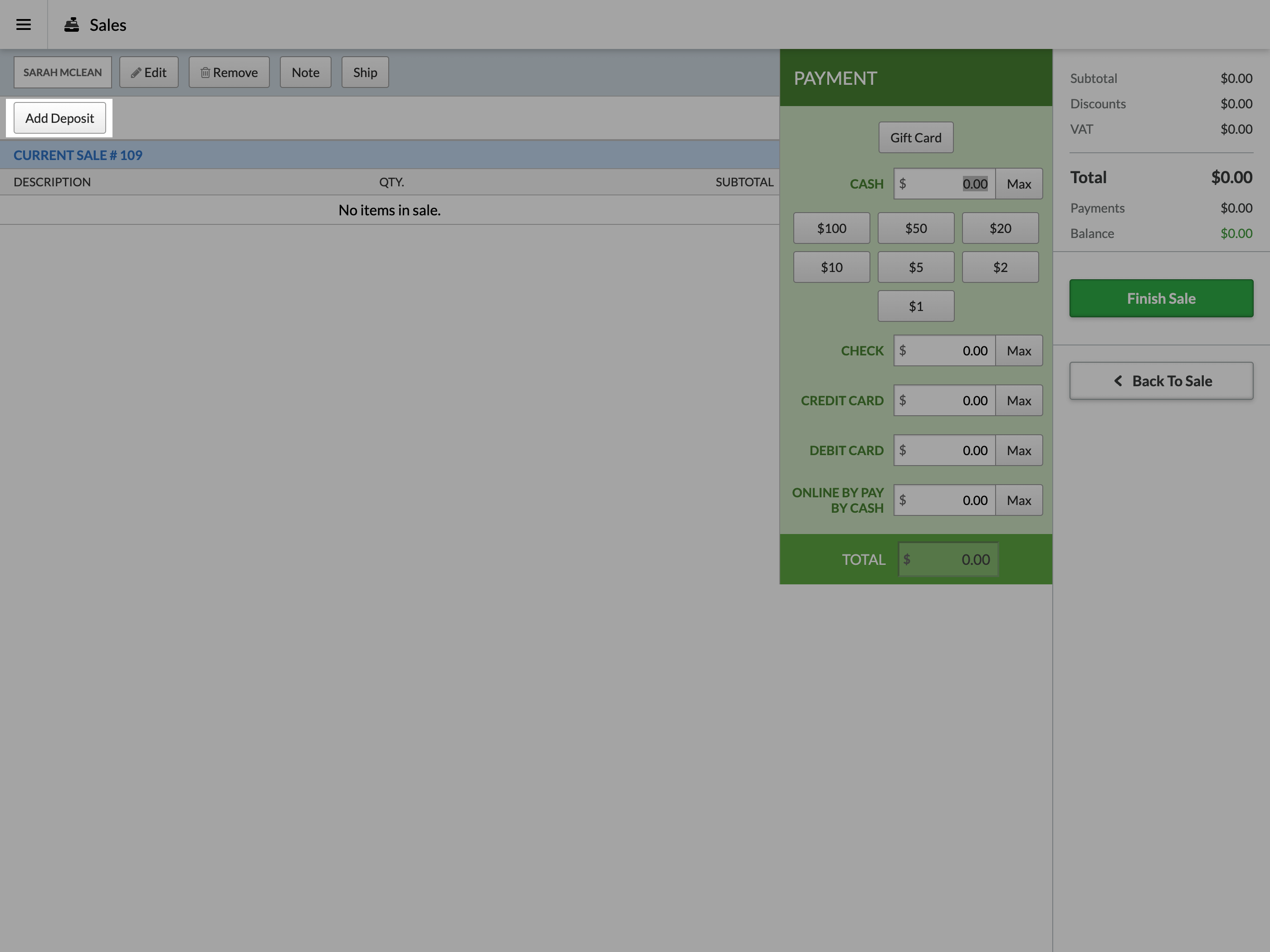 Add Deposit button highlighted on a Current Sale.