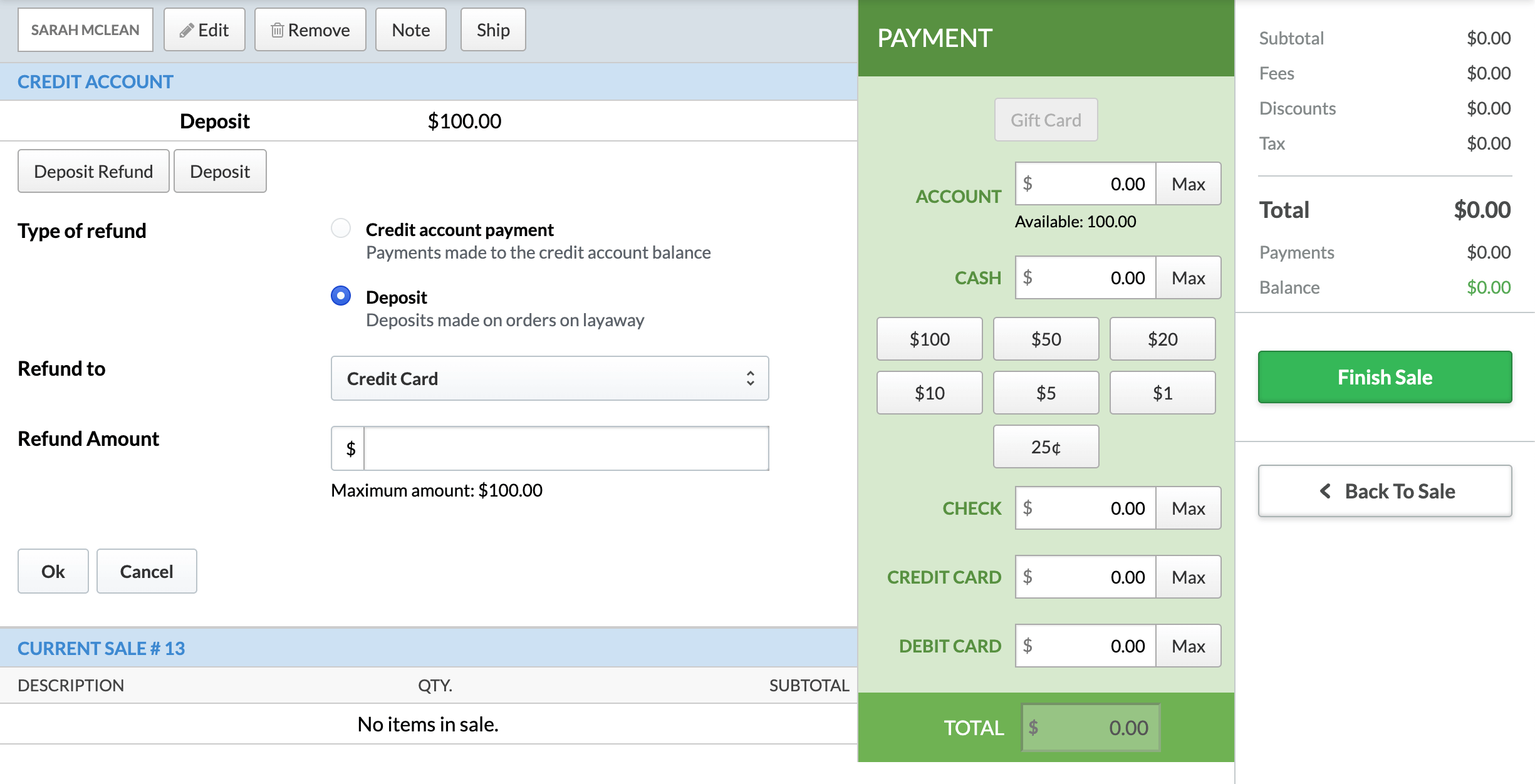 Refund deposit details.