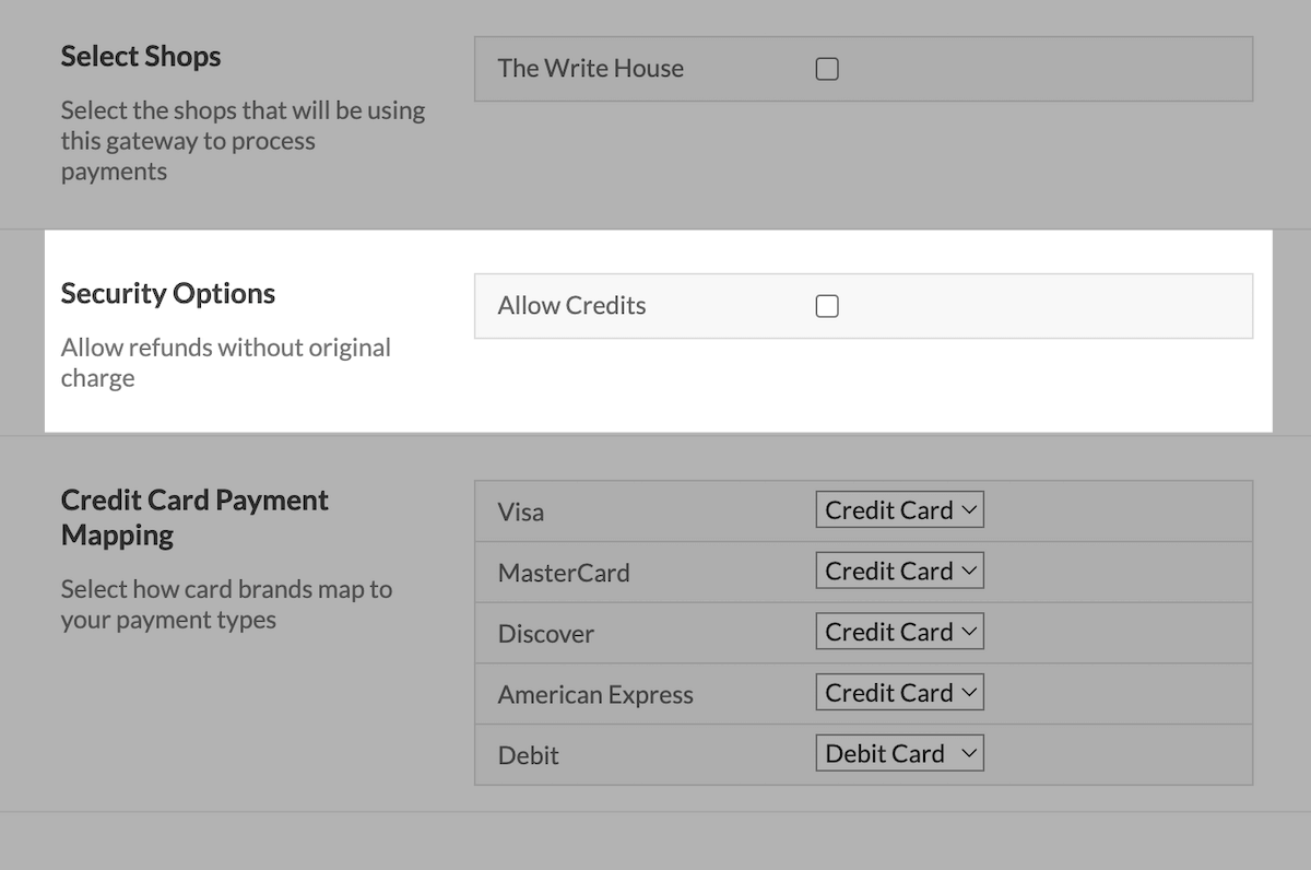 Security Options section with Allow credits checkbox.