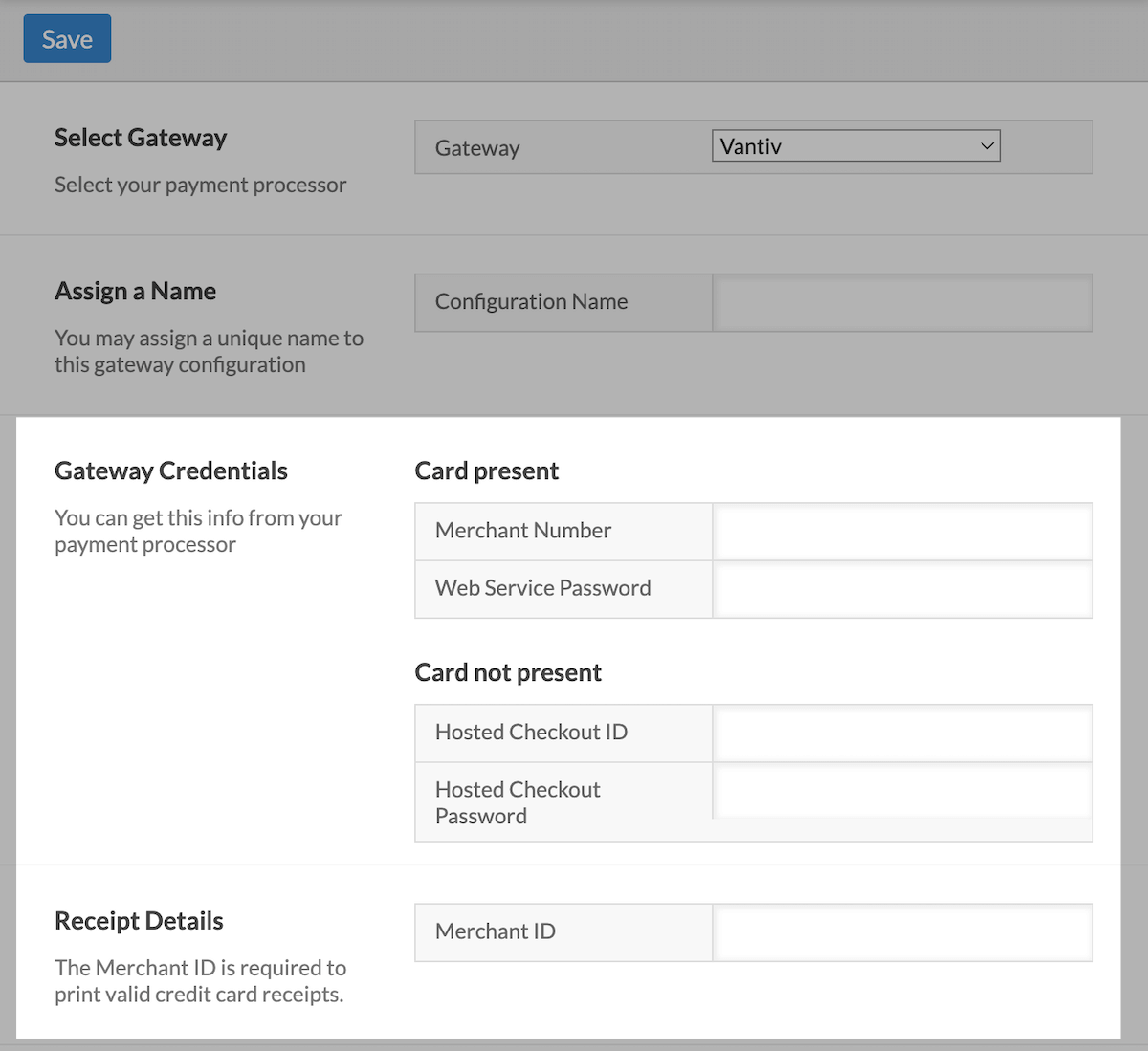 Gateway Credentials details fields.