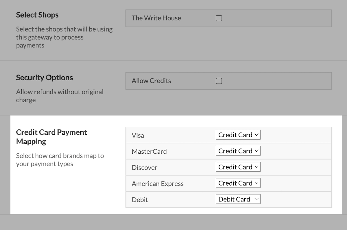 Credit Card Payment Mapping section with card type options and dropdowns.