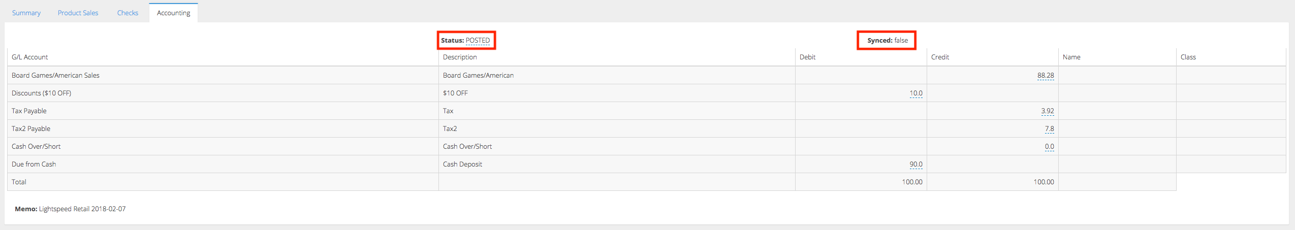 The Accounting report, highlighting the POSTED status and the failed sync.