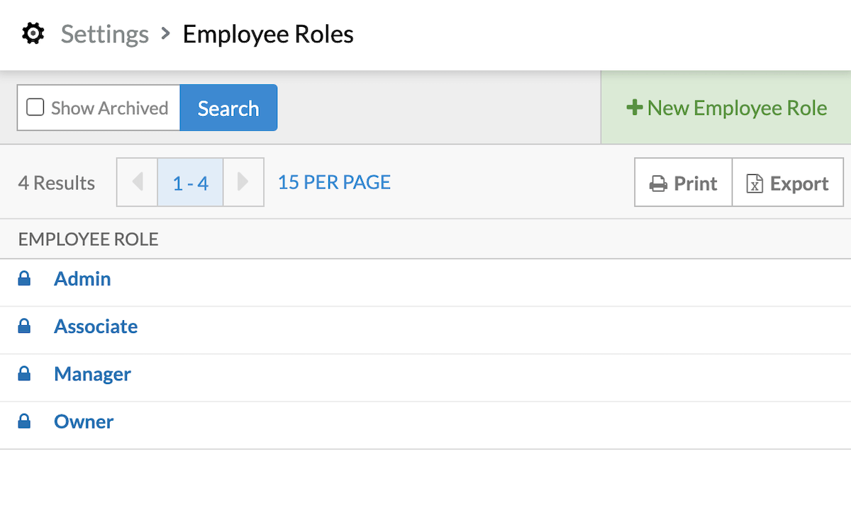 Employee roles list including Admin, Associate, Manager, Owner.