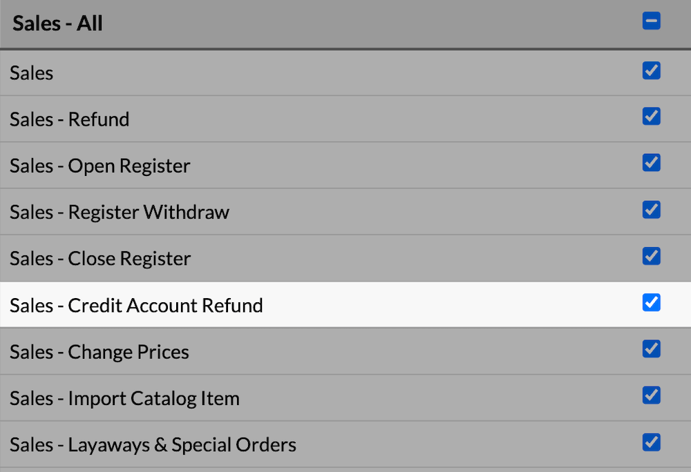 Role permissions showing Credit account refund permission enabled.