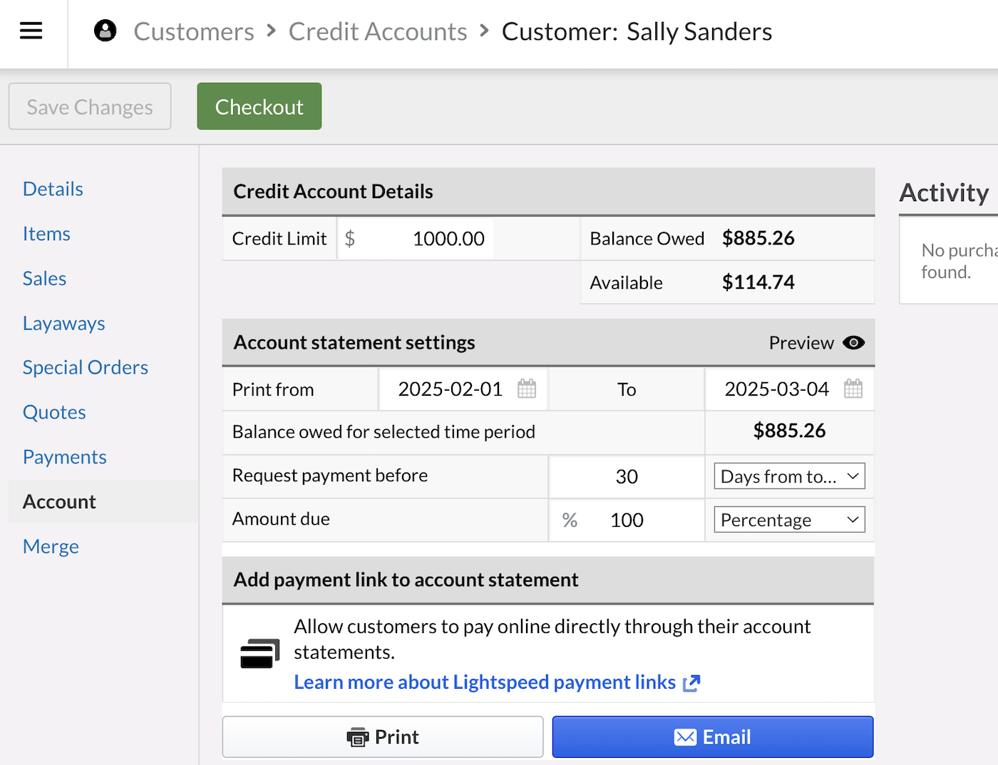 Customer page, Account tab showing credit limit, account statement options, and print or email buttons.