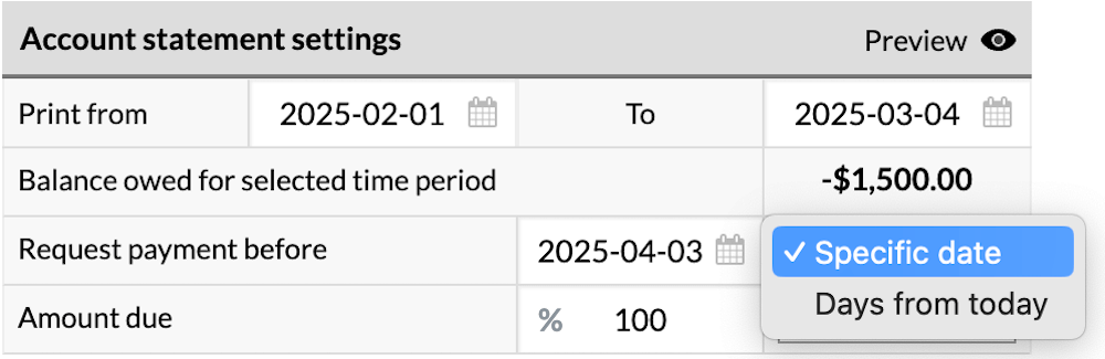 Account statement settings with Specific date or Days from today dropdown options.