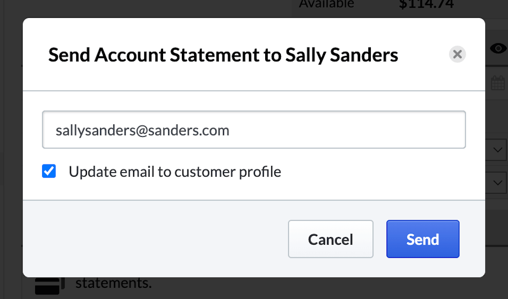 Send account statement popup with email input field.