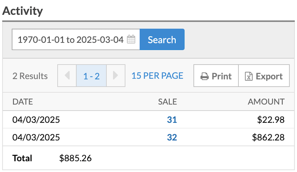 Activity page with date picker for account statement print range.