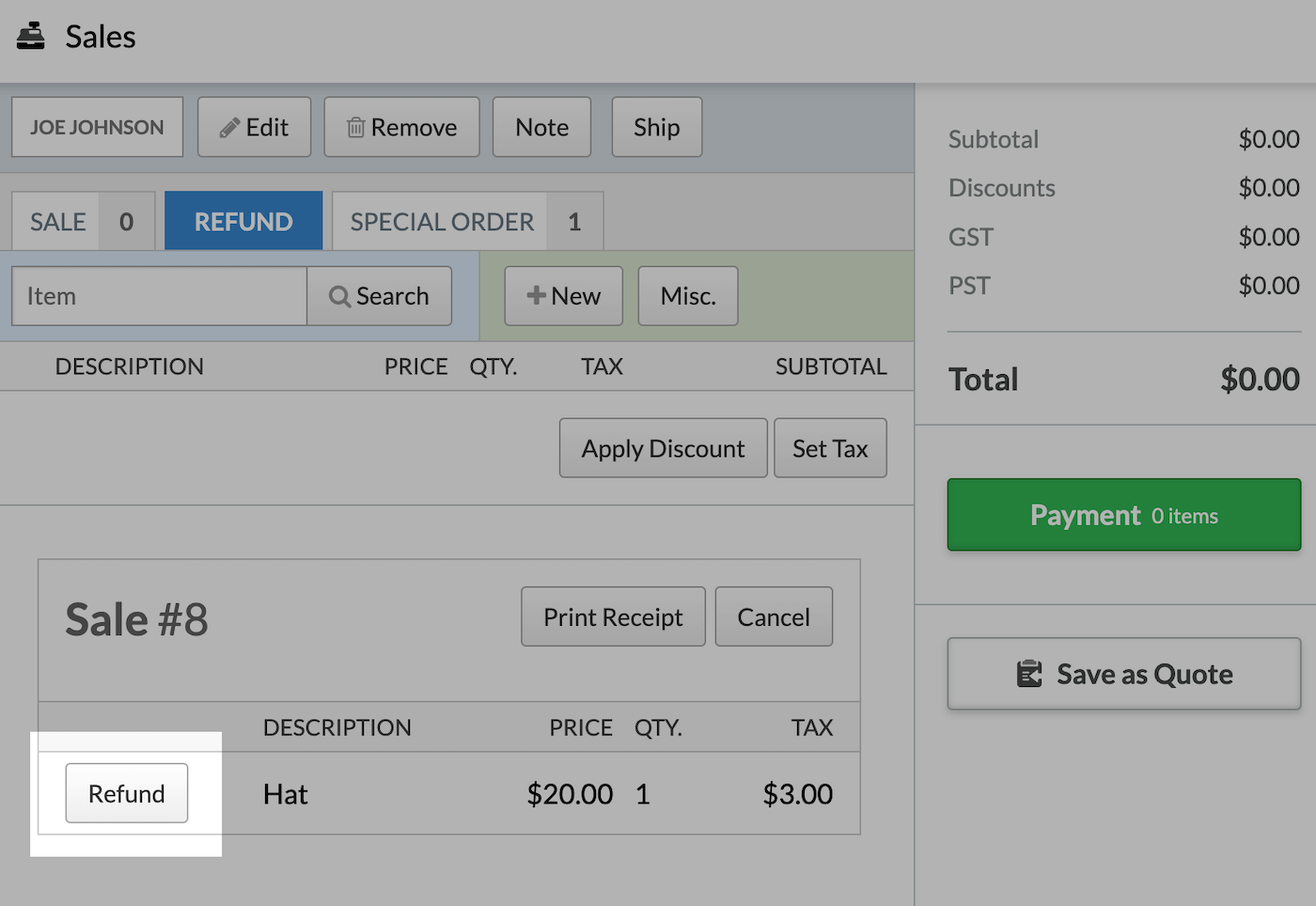 Sales screen showing refund button highlighted.