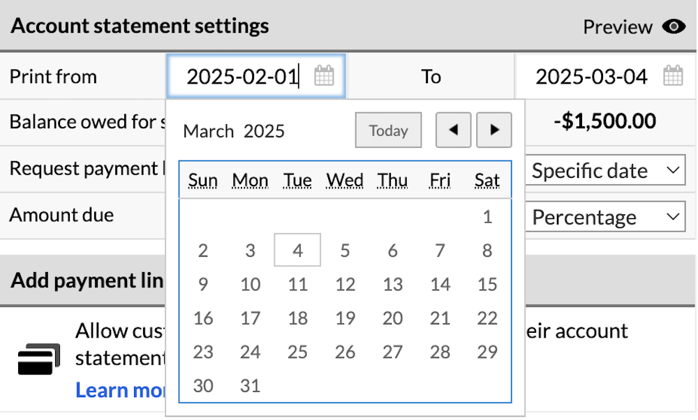 Account statement settings calendar date picker.