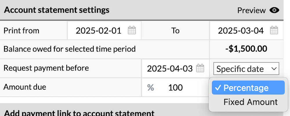 Account statement settings with Percentage or Fixed amount dropdown options.