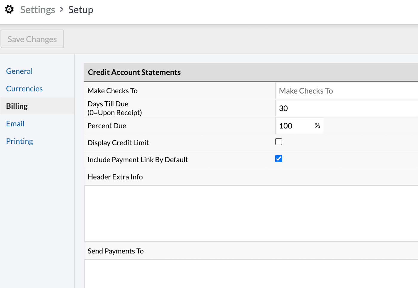 Billing settings with credit account statement options.