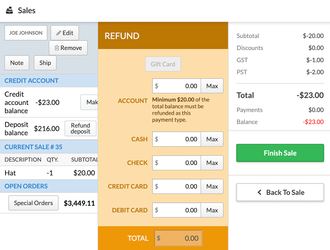 Refund screen with payment method options.