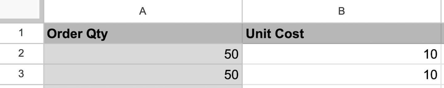 The purchase order import spreadsheet showing the columns Order Qty and Unit Cost.