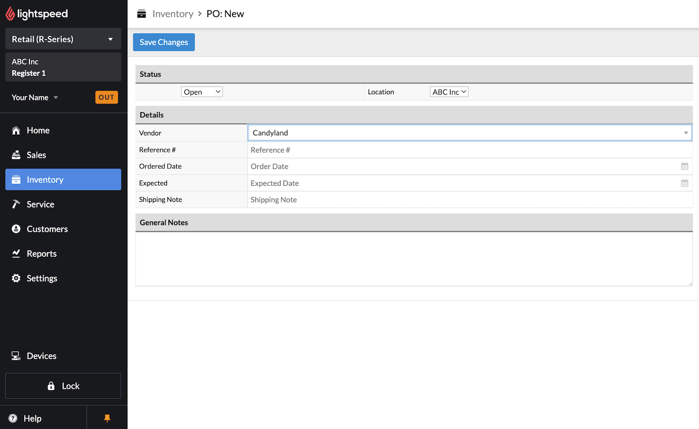 New purchase order page with options to select Location, Vendor, and to enter additional information.